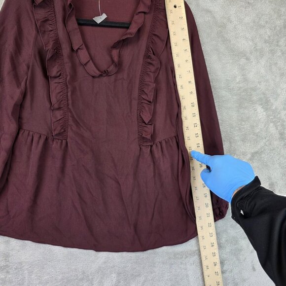 Ann Taylor Petite Blouse Womens XSP Burgundy Ruffle Peplum Long Sleeve Top - Picture 7 of 12